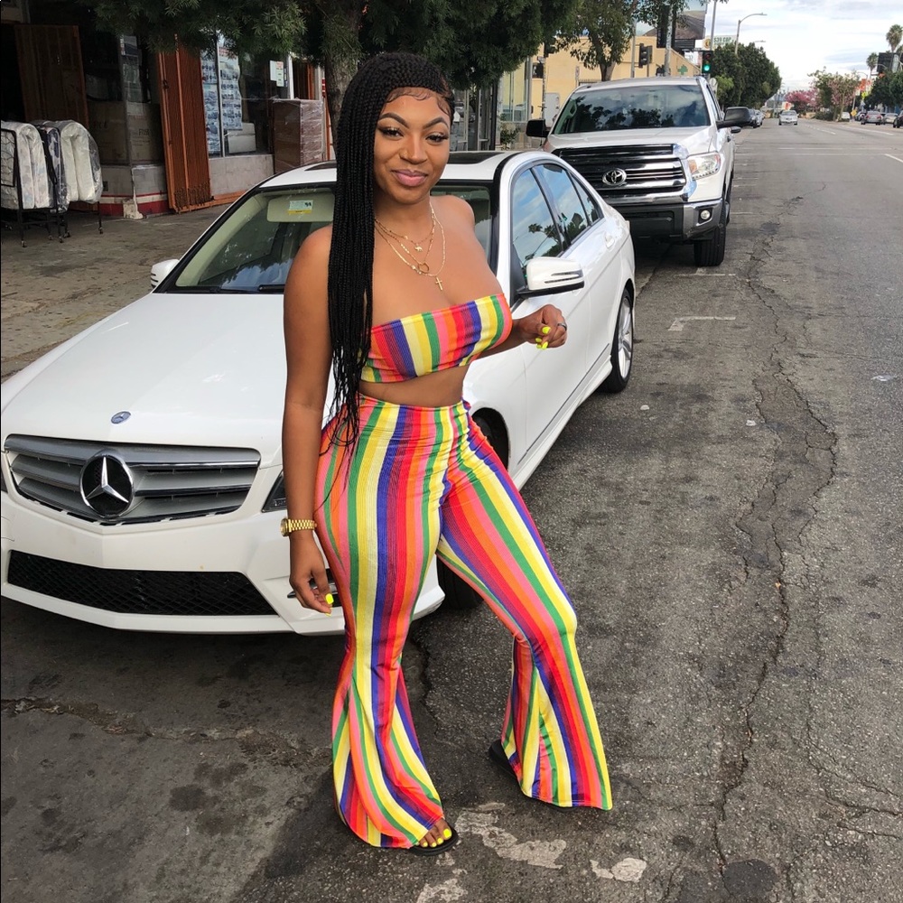 Matching  rainbow tube top bell bottoms pants set